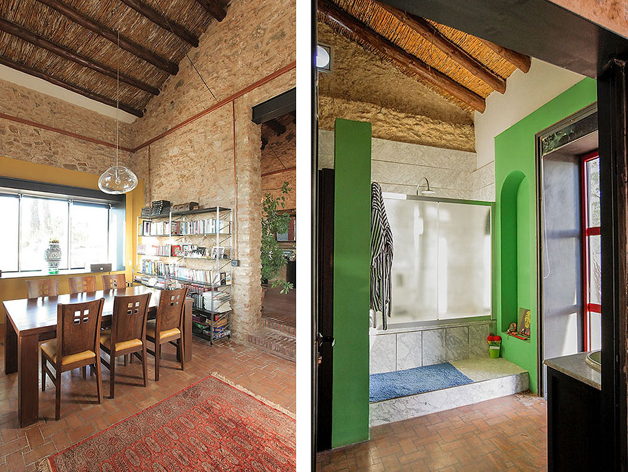 Diseño de baño rústico moderno con acabado de color y estructura original de piedra