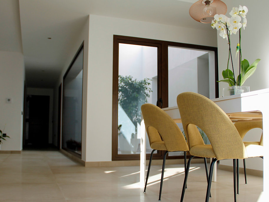 Salón luminoso con vistas al patio en diseño de vivienda